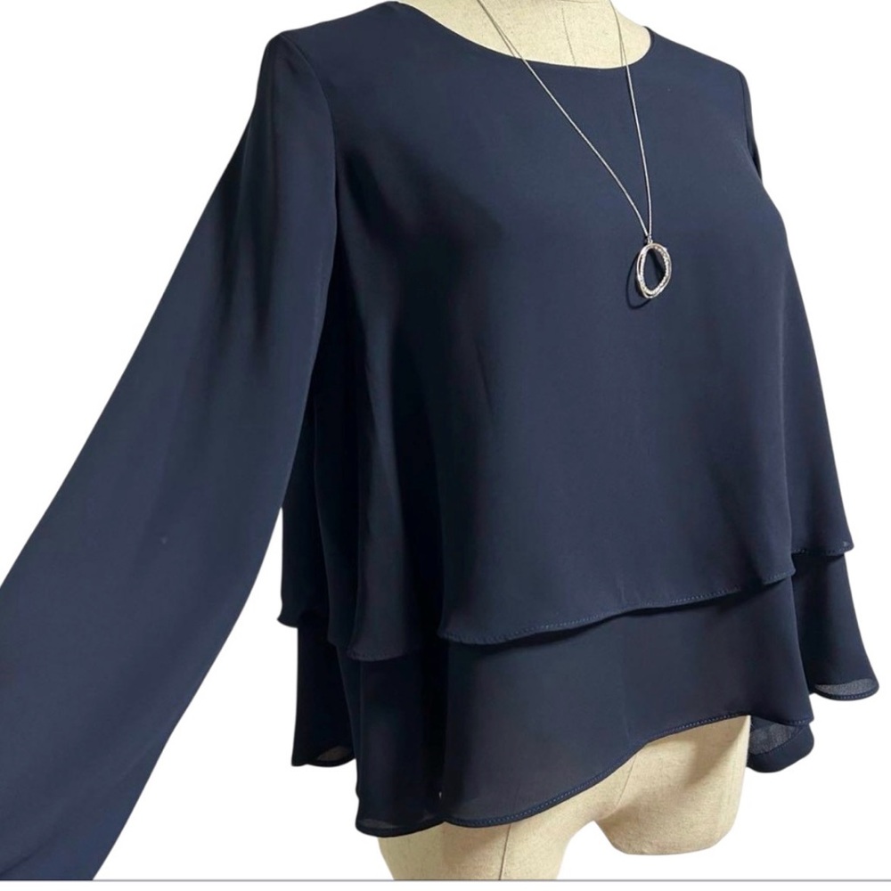 ZARA Basic Women’s Navy Sheer Round Neck Layered Chiffon Frill Blouse Sz XS